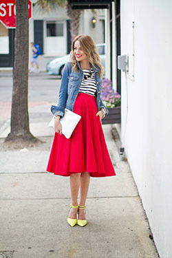 Red Skirt Outfit, Street fashion, Crop top: Jean jacket,  Skirt Outfits,  Street Style,  Casual Outfits  