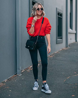 Oversized red sweater with black jeans: Crop top,  Slim-Fit Pants,  Trendy Outfits,  Street Style,  Casual Outfits  