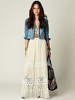 Bohemian dress with denim jacket: Jean jacket,  Bohemian style,  Maxi dress,  Maxi Dress Shoes,  Boxy Jacket  