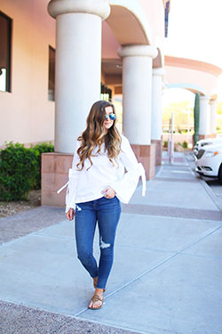 Ripped Blue Jeans and White Top Outfit for Summer, Casual Outfit Ideas for Summer: blue jeans outfit  