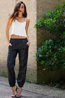 Classic & stylish topshop leather joggers, Crop top: Crop top,  Leather Pant Outfits  