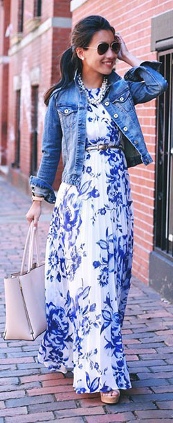 Floral maxi dress with denim jacket: Jean jacket,  Petite size,  Maxi dress,  instafashion,  Street Style,  Casual Outfits,  Maxi Dress Shoes  