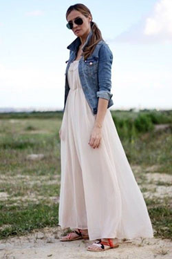 Vestidos largos con cazadora vaquera: party outfits,  Jean jacket,  Maxi Dress Shoes  