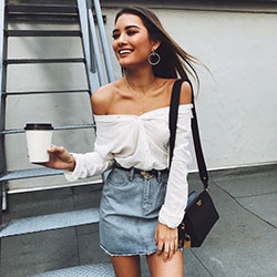 Off shoulder shirt denim skirt: Denim skirt,  Crew neck,  shirts,  Skirt Outfits,  Casual Outfits  