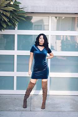 Velvet dress with high boots: High-Heeled Shoe,  Over-The-Knee Boot,  Boot Outfits,  Velvet Outfits  