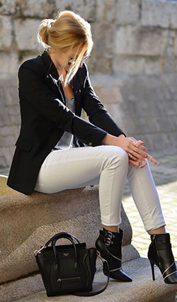 White pants black boots outfit: Slim-Fit Pants,  Boot Outfits,  Casual Outfits,  White Denim Outfits  