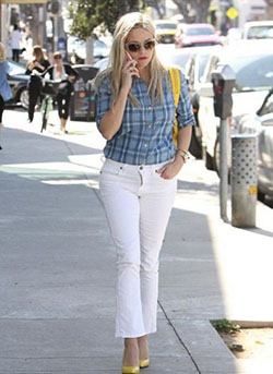 Pink and Navy Plaid Shirt with White Flared Cropped Jeans: Plaid Shirt  