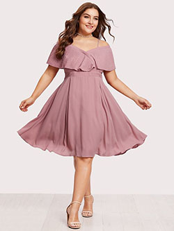 Shein Pleated Flounce Trim Overlap Bardot Dress Wonderful Cocktail Outfit For Plus-Size Girls: party outfits,  Party Dresses,  Cocktail Dresses,  Cocktail Outfits Summer  