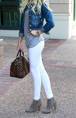 White jeans with ankle boots: Jean jacket,  Slim-Fit Pants,  Boot Outfits,  Casual Outfits,  White Denim Outfits  