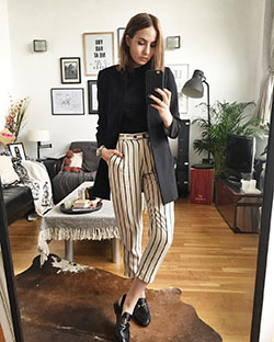 Black and white striped pants outfit: Crop top,  Polo neck,  Smart casual,  Capri pants,  Pant Outfits,  Stripe Trousers  