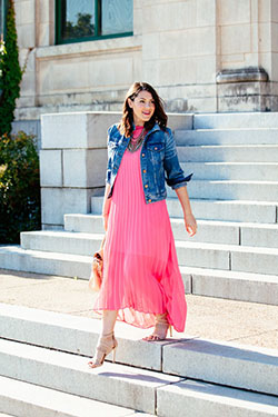 Pink dress with jean jacket: Denim Outfits,  Jean jacket,  Maxi dress,  Casual Outfits  