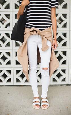 Cute choice for white sandals fashion, Double Strap Sandals: Ripped Jeans,  Casual Outfits,  White Denim Outfits  