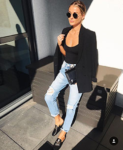 Black bodysuit with jeans, High-heeled shoe: Casual Outfits,  Ripped Jeans,  High-Heeled Shoe,  Stiletto heel,  Bodysuit  