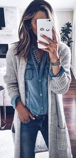 Denim shirt winter outfit, Jean jacket: winter outfits,  Jean jacket,  Casual Outfits,  Long Cardigan Outfits,  Denim Shirt  