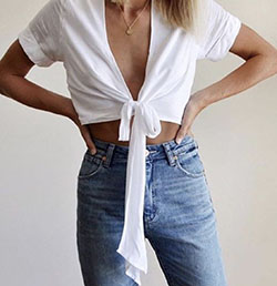 Tie Front Shirt Outfits, Crop top, Scoop neck: Crop top,  Crew neck,  Scoop neck,  Casual Outfits,  Top Outfits  