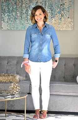 Chambray shirt white jeans, Jean jacket: Jean jacket,  White Denim Outfits  