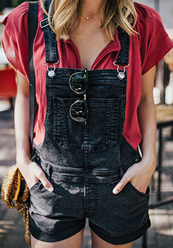 Short black overall outfit summer: Romper suit,  Casual Outfits,  Overalls Shorts Outfits  