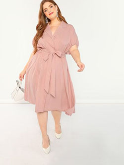 Plus Waist Belted Notched Neck Solid Dress -SHEIN(SHEINSIDE) Trendy Cocktail Outfit For Plus-Size Girls: Party Dresses,  party outfits,  Cute Cocktail Dress,  Cocktail Party Outfits  