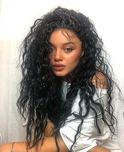 Sina Iuna Black Haircuts, Woman Long Hair Style, Haircuts: Long hair,  Jheri Curl,  Black hair,  Jeans Outfit,  Turquoise Undergarment  