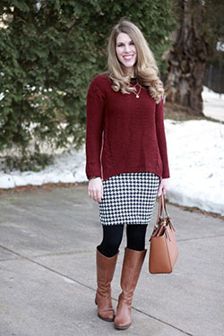 Houndstooth skirt with brown boots: Brown Boots,  Street Style,  Skirt Outfits  