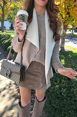 Beige and khaki colour dress with jacket, street fashion, outerwear: Street Style  