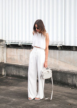 White pants and white top outfit: Crop top,  T-Shirt Outfit,  Street Style,  White And Pink Outfit  