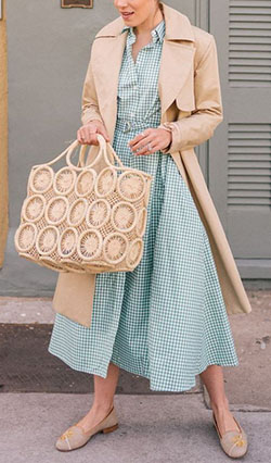 Turquoise and beige style outfit with polka dot, skirt handbag, shoe: Street Style  