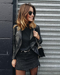 Black denim skirt outfit, leather jacket, street fashion, pencil skirt, casual wear, denim skirt: Denim skirt,  Leather jacket,  Pencil skirt,  Black Outfit,  Street Style,  Mini Skirt Outfit,  Black Leather Jacket  