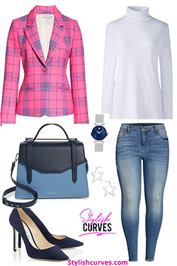 White and pink colour outfit, you must try with uniform, blazer, tartan: Plus size outfit,  White And Pink Outfit  