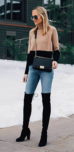 Jeans and over the knee boots: Denim Outfits,  Over-The-Knee Boot,  Boot Outfits,  Black And White Outfit  