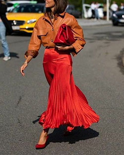 Orange colour outfit with dress, copenhagen fashion week, new york fashion week: Street Style,  Fashion show,  Fashion week,  Fashion photography,  Haute couture,  Fictional Character,  Paris Fashion Week,  fashioninsta  