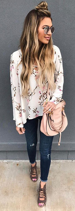 Beige and pink colour combination with sweater, jacket, blazer: Street Style,  Floral Top Outfits  