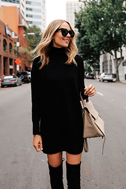 Colour outfit ideas 2020 black sweater dress little black dress, street fashion: Polo neck,  Black Outfit,  Sam Edelman,  Cashmere wool,  Boot Outfits,  Street Style,  Little Black Dress  