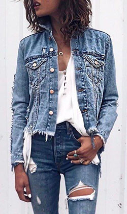 Denim destroyed edge jacket slim fit pants, casual wear: Denim Outfits,  Jean jacket,  T-Shirt Outfit  