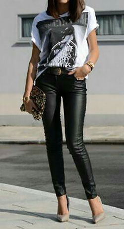 Leather pants outfits: High-Heeled Shoe,  Legging Outfits,  Casual Outfits,  White And Black Outfit  