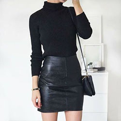 Attire black turtleneck outfit, minimalist fashion, leather skirt, pencil skirt, polo neck, t shirt: Polo neck,  Pencil skirt,  Leather skirt,  T-Shirt Outfit,  Black Outfit,  Minimalist Fashion,  Mini Skirt Outfit  