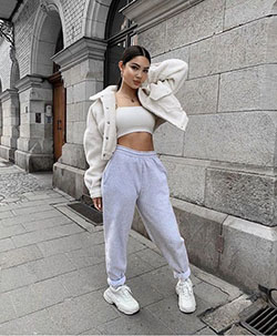 Teddy jacket with joggers: Casual Outfits,  Crop top,  White Jeans,  White coat,  White Trousers,  White Jacket,  White Crop Top,  Linen Joggers  