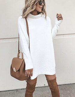 White outfit ideas with sheath dress: Polo neck,  Sheath dress,  White Outfit,  Boot Outfits,  Street Style  