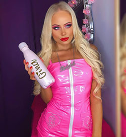 pink outfit ideas with latex clothing, blond hairstyle, Glossy Lips: Latex clothing,  Printed Swimsuit  