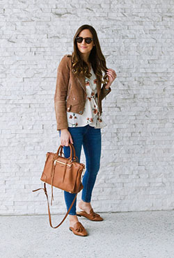 Style brown loafers outfit women: Leather jacket,  Street Style,  Brown And White Outfit,  Floral Top Outfits  