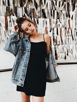 Cute oversized denim jacket outfits: Denim Outfits,  Jean jacket,  Black Outfit,  Street Style,  Little Black Dress  