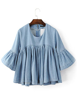 Colour outfit ideas 2020 ruffle denim shirt, bell sleeve, t shirt: summer outfits,  Bell sleeve,  T-Shirt Outfit,  Blue Outfit  