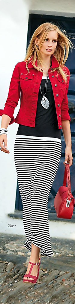 Red Jean Jacket and Long Skirt Outfit for Holidays and Shopping: Skirt Outfits,  Black And White Outfit,  Stripe Skirt  