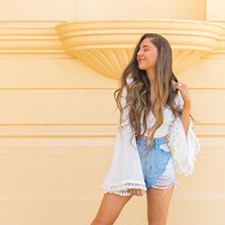 Yellow and white denim, Hairstyles For Long Hair, costumes designs: Coachella Outfits,  Yellow And White Outfit  