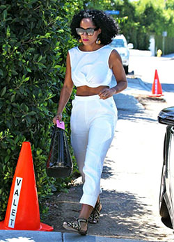 Sexy elegance celebs in public: Crop top,  Dark skin,  White Outfit,  Street Style  