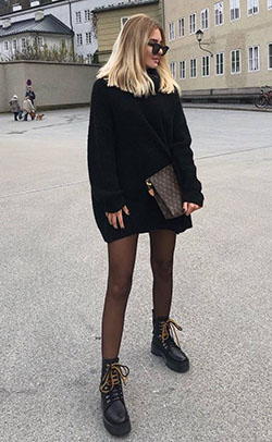 Oversized black sweater outfit little black dress, street fashion: Street Style,  Little Black Dress,  Classy Winter Dresses  