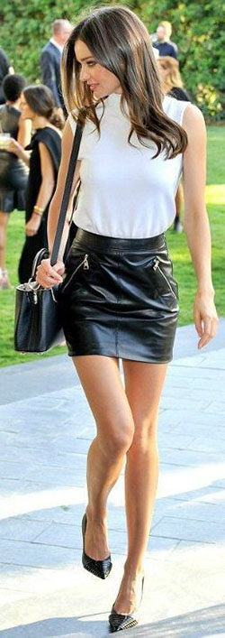 White and black outfit ideas with leather skirt, leather, skirt: Hot Girls,  Leather skirt,  Miranda Kerr,  White And Black Outfit,  Mini Skirt Outfit  