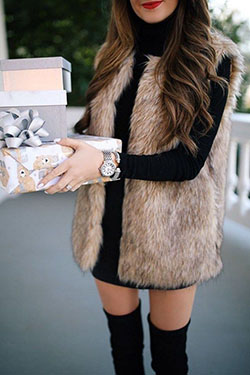 Beige and brown colour outfit with fur clothing, sweater, jacket: Fur clothing,  Boot Outfits,  Street Style,  Beige And Brown Outfit,  High Heeled Shoe  