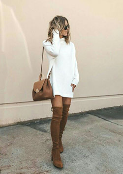 White sweatshirt dress with thigh high boots: T-Shirt Outfit,  Boot Outfits,  Brown And White Outfit,  Knee High Boot,  Chap boot,  High Boots  