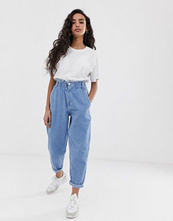 Colour dress cinch waist jeans, petite size, high rise, mom jeans: Petite size,  Mom jeans,  White And Blue Outfit,  Slouchy Pants  